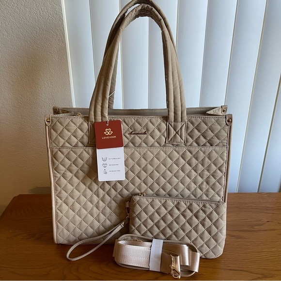 Lovevook Handbags - Lovevook Quilted Laptop Bag Khaki